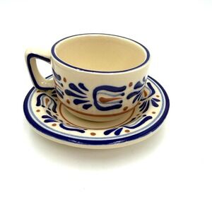 Talavera Cup Saucer Set Blue‎ Cream Hand Painted Puebla Mexico 1996 SIGNED